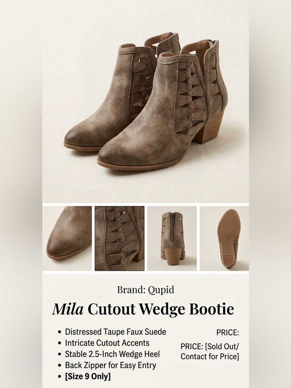 Qupid Distressed Taupe Cutout Wedge Booties
